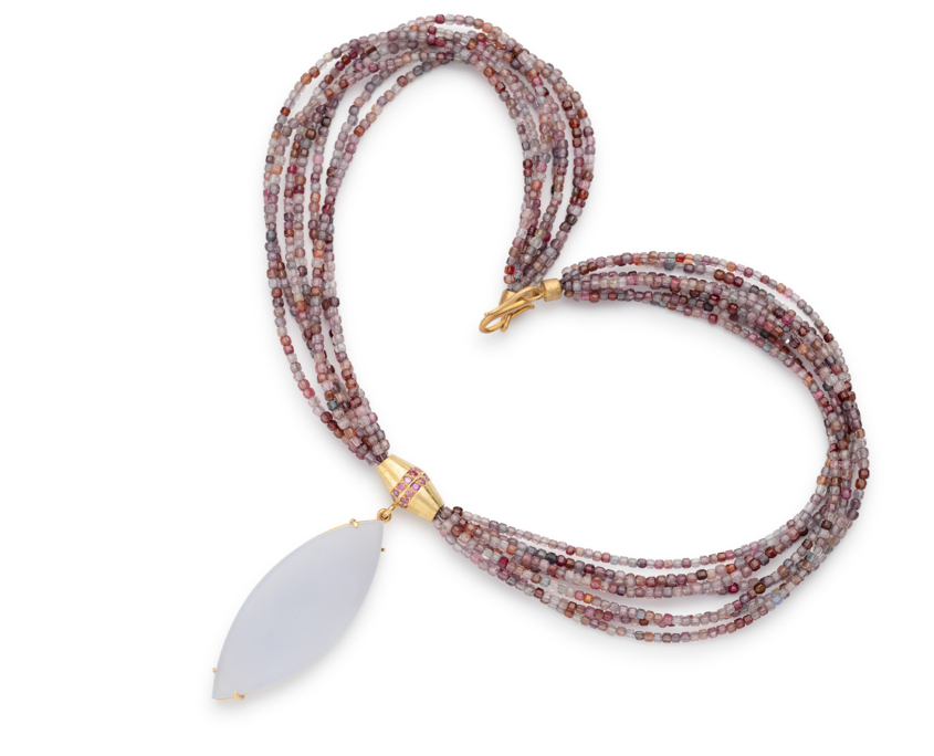 750/000 Gelbgold, Chalcedon-Anhänger mit pinken Brillanten